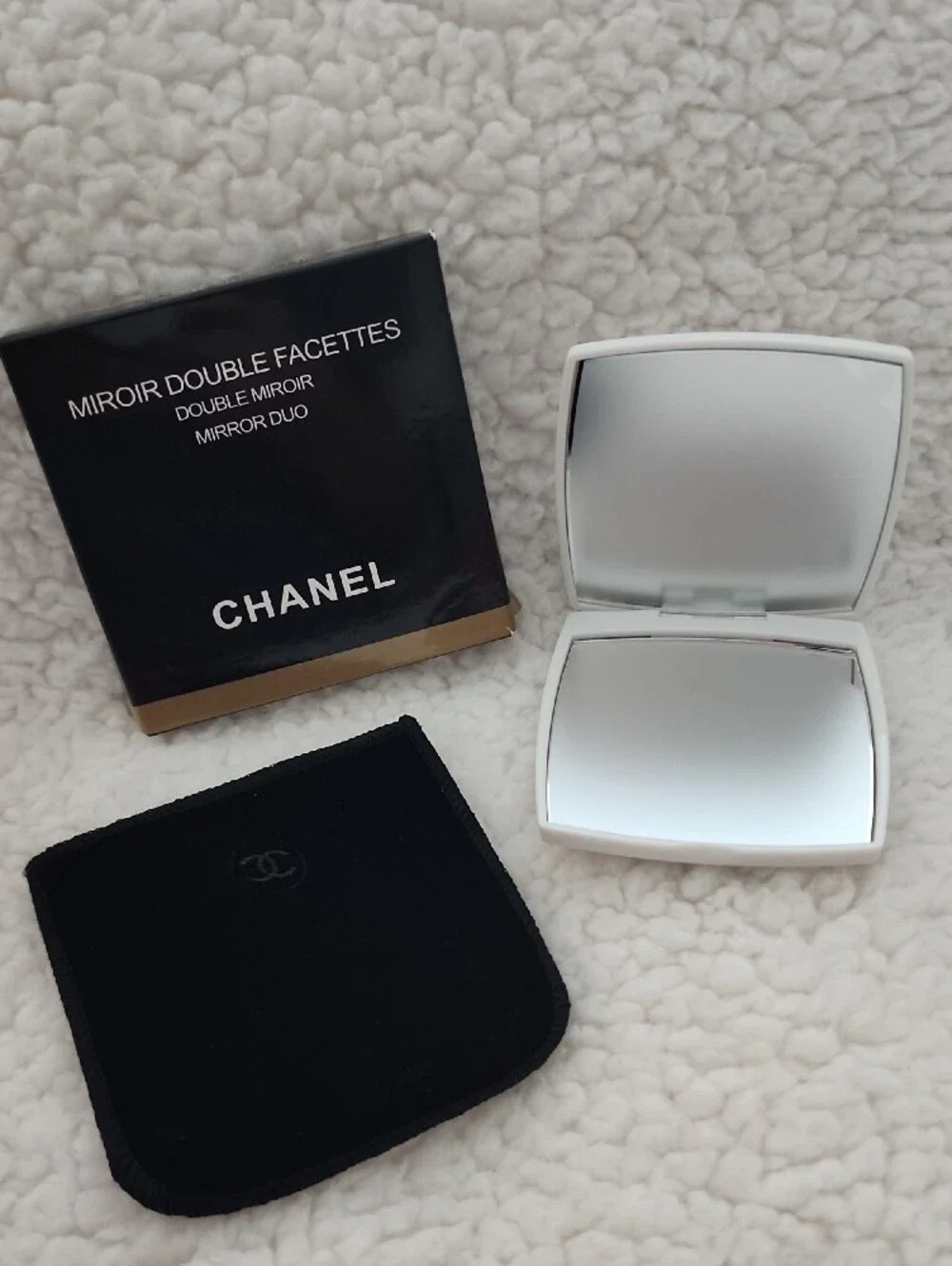 CHANEL Brand New In Box White Compact Double Mirror with Black Logo